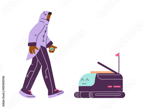 Vector illustration of a good delivery robot delivering food to man dressed in futuristic clothes.