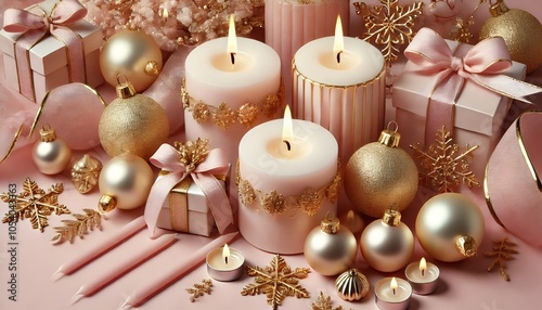 A premium pastel pink and gold Christmas background with seasonal decorations and candles