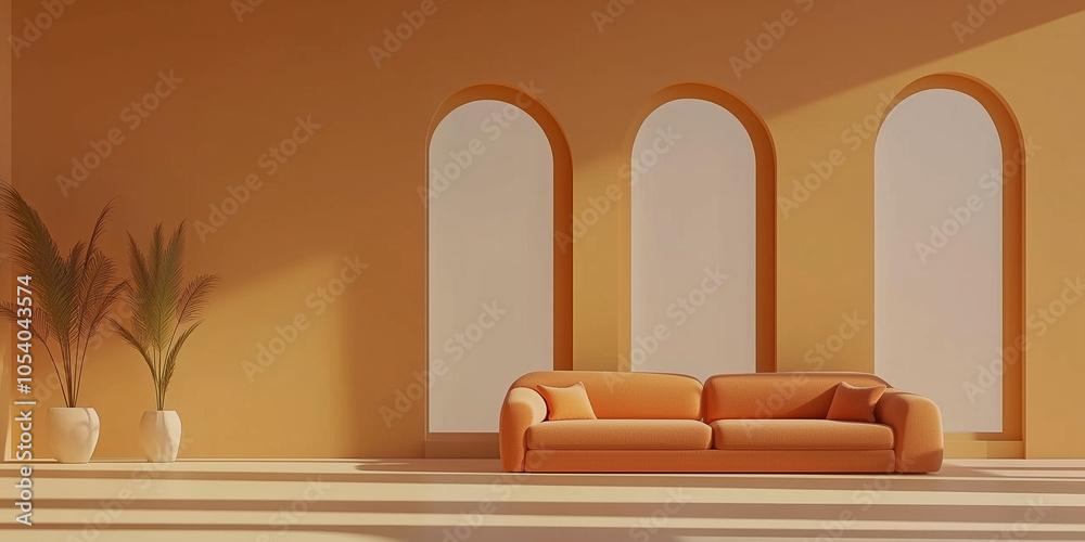 Fototapeta premium Sofa, Terrakotta-Sessel vor Bogenfenstern. Minimalistisches Innendesign eines modernen Wohnzimmers. 