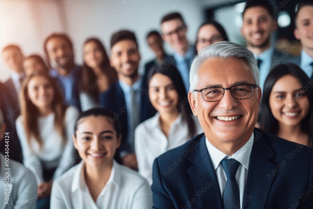 Fototapeta premium Group of people are smiling and posing for a photo. The man in the center is wearing a suit and tie