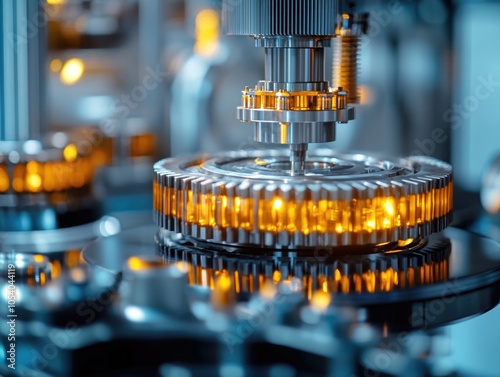 Machine with gears and a light on it. The light is yellow and the gears are shiny