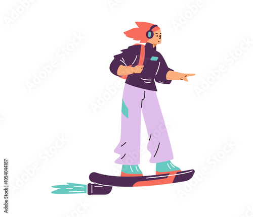 Vector with young girl on a skateboard with a rocket engine, dressed in futuristic clothes