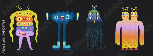 A set with colorful funny aliens. Vector illustration on a dark background