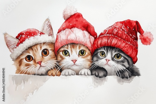 Three cute kittens in red hats peek over a ledge. Their fluffy fur and whiskers add charm to the festive scene. photo