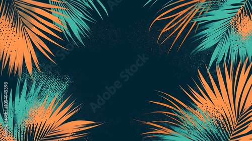 Tropical palm leaves frame on a dark blue background.