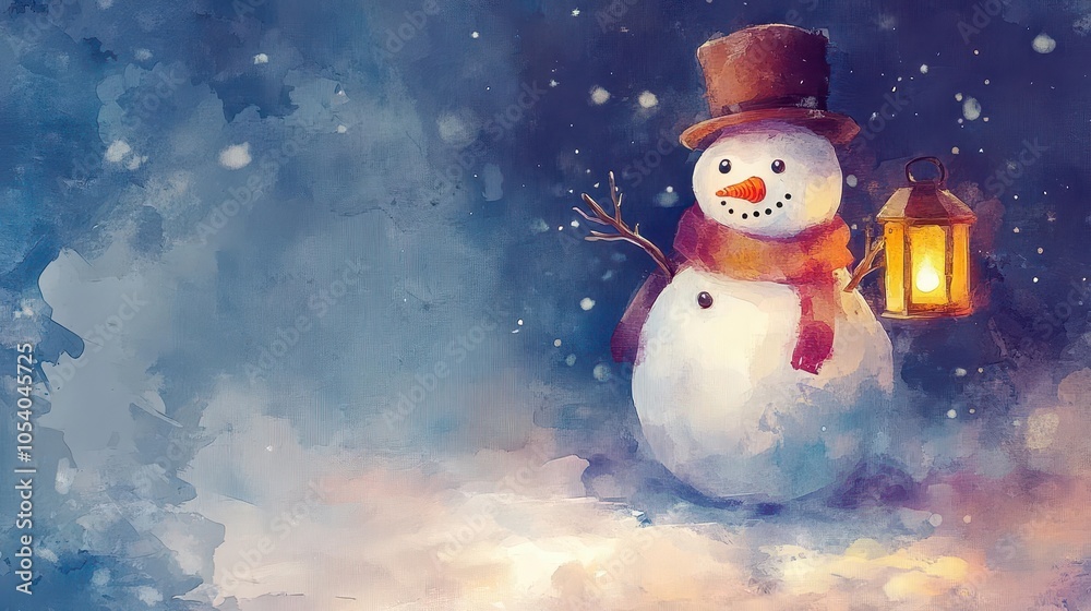 Obraz premium Cute snowman with glowing lantern, nighttime walk, watercolor style