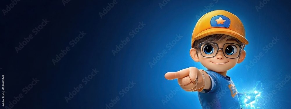 Fototapeta premium Cartoonish character in primary color attire, high-energy pose