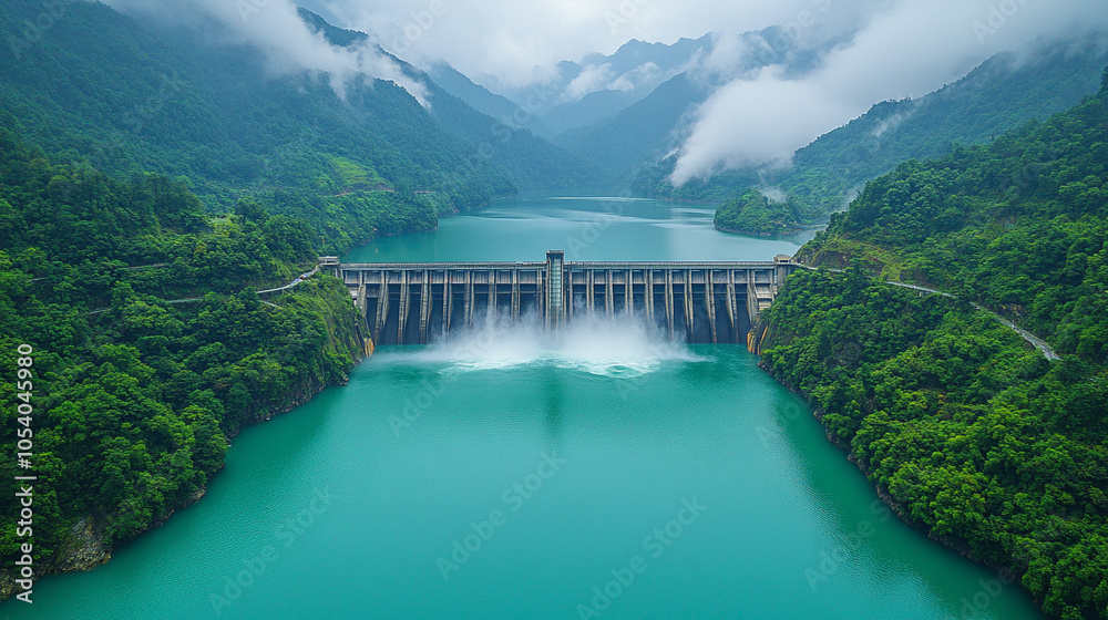 Aerial view of a hydroelectric dam showcasing the powerful flow of water. This image symbolizes renewable energy, innovation, and sustainability, emphasizing the importance of harnessing natural resou Aerial view of a hydroelectric dam showcasing the powerful flow of water. This image symbolizes renewable energy, innovation, and sustainability, emphasizing the importance of harnessing natural resou