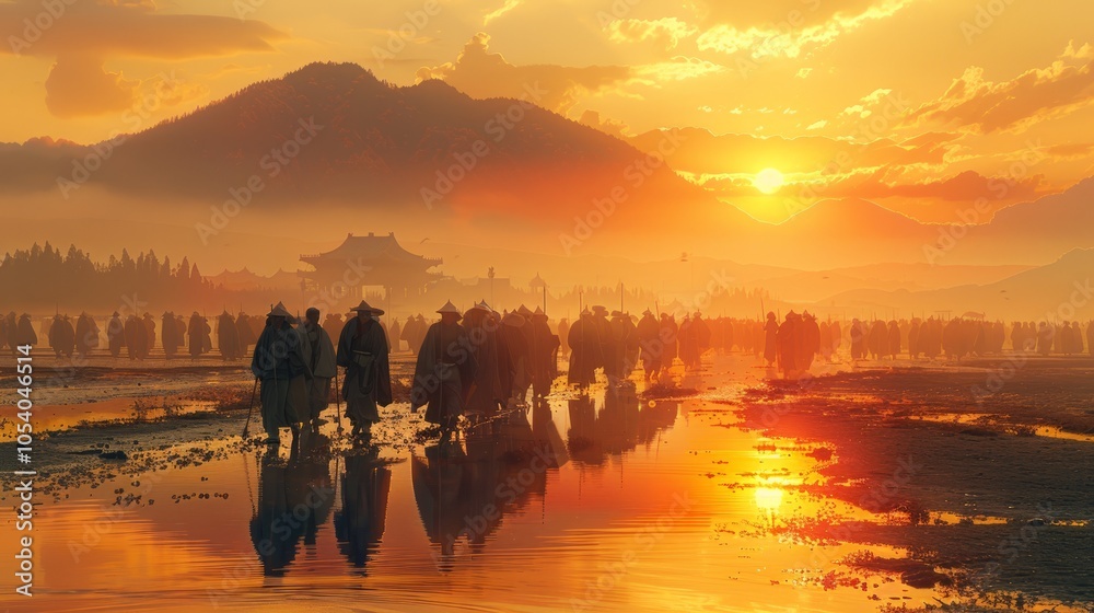 Obraz premium A large group of people walk through a shallow body of water towards a mountain range in the distance. The sky is a vibrant orange as the sun sets.
