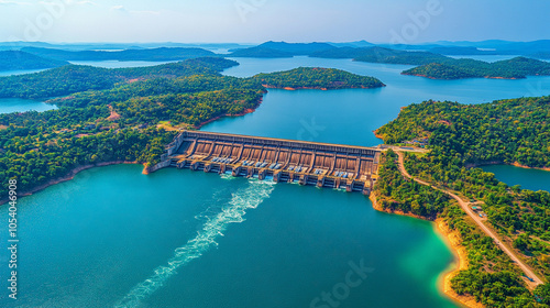 Aerial view of a hydroelectric dam showcasing the powerful flow of water. This image symbolizes renewable energy, innovation, and sustainability, emphasizing the importance of harnessing natural resou photo