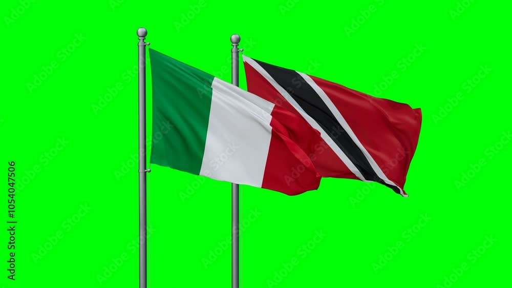 Trinidad and Tobago and Italy flags flying together, video concept of the relationship with colored chroma key for easy background remove, two country cooperation concept Trinidad and Tobago and Italy flags flying together, video concept of the relationship with colored chroma key for easy background remove, two country cooperation concept