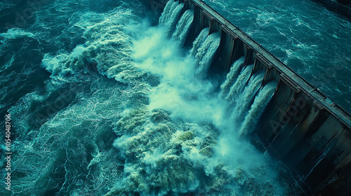 Aerial view of a hydroelectric dam showcasing the powerful flow of water. This image symbolizes renewable energy, innovation, and sustainability, emphasizing the importance of harnessing natural resou photo