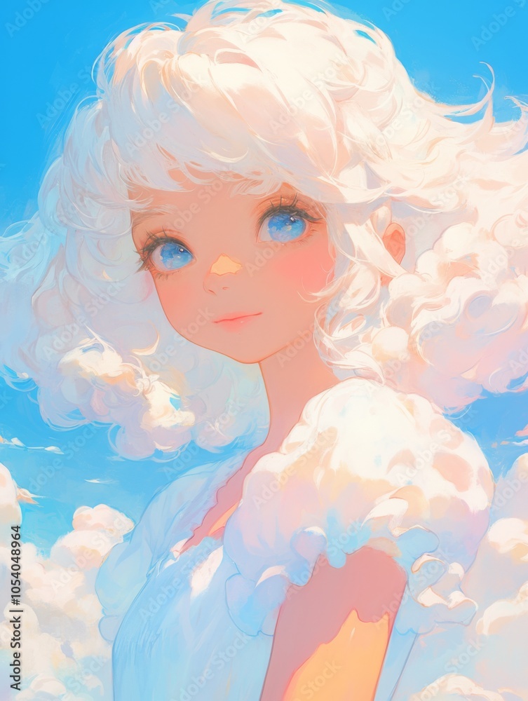 Charming anime-style girl with white hair and blue eyes wearing a cloud-patterned white dress, floating in a colorful sky Charming anime-style girl with white hair and blue eyes wearing a cloud-patterned white dress, floating in a colorful sky