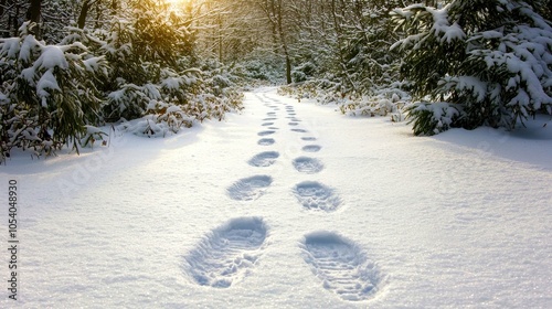 Footprints in snow on a serene path surrounded by trees, capturing the essence of winter tranquility. photo