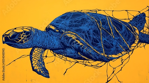 A striking blue turtle illustration entangled in nets against a vibrant yellow background, symbolizing ocean conservation. photo