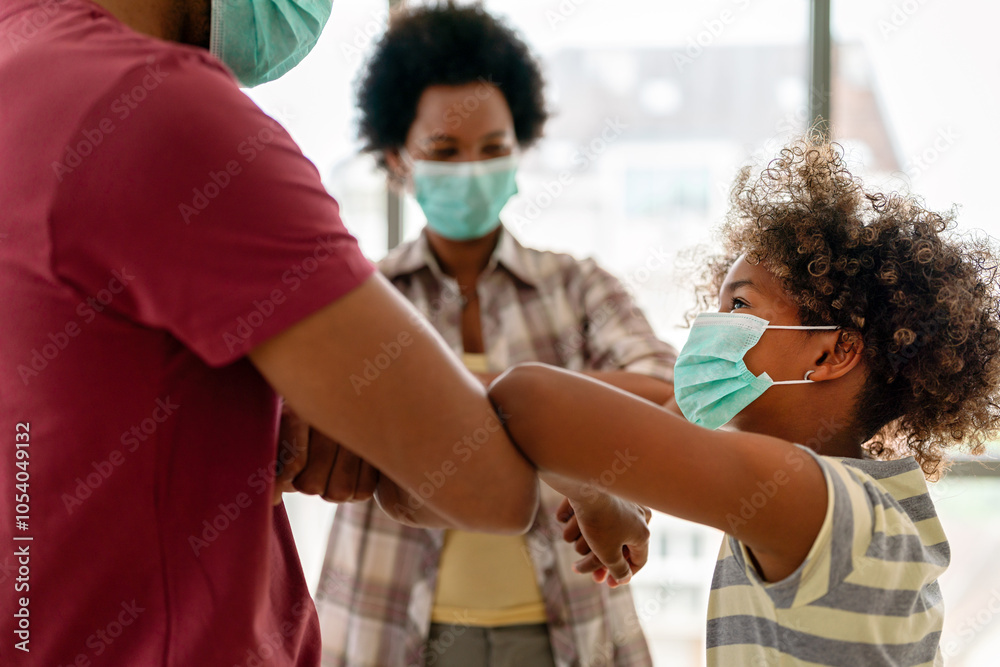 Fototapeta premium Family is wearing facemasks during coronavirus and flu outbreak. Virus and illness protection, COVID