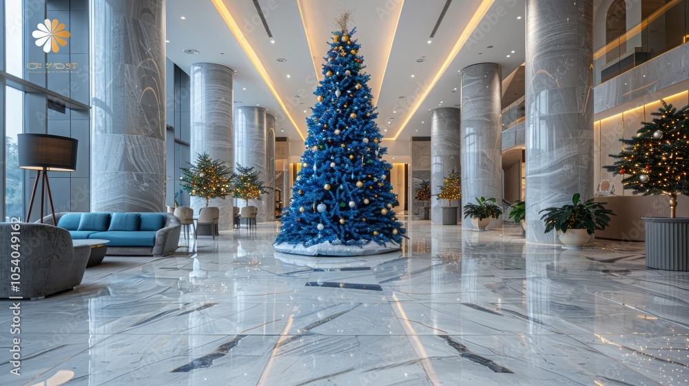 Fototapeta premium A large, decorated Christmas tree stands in a modern hotel lobby with marble floors and large columns.