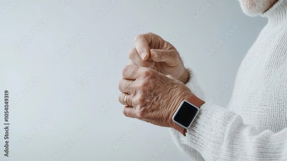 Fototapeta premium Elderly person using wearable to check insurance status, assisted tech