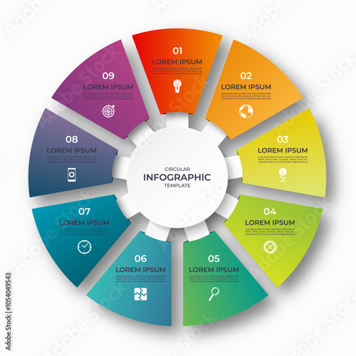 Vector infographic circle. Cycle diagram with 9 options. 9-step round chart. Can be used for report, business analytics, data visualization and presentation.