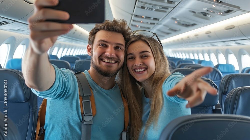 Obraz premium Happy couple of tourists taking selfie inside airplane,