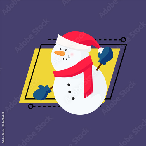 Snowman wearing Santa hat, scarf and mittens. Cartoon, character, handmade. Winter concept. Can be used for topics like tradition, holiday, xmas