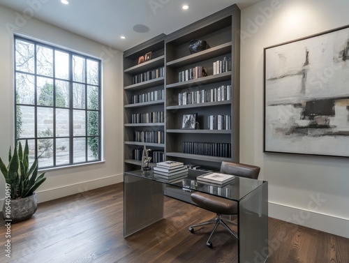 Design a sleek, modern library with crisp white walls and smooth matte gray shelving units that appear to float on the wall