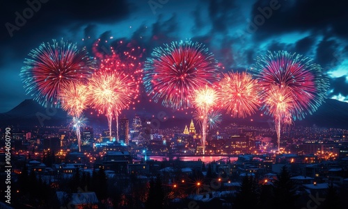 Spectacular fireworks illuminating a vibrant city skyline at night