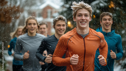 Group of Runners Enjoying a Winter Jog in a Snowy Urban Park During a Fitness Event