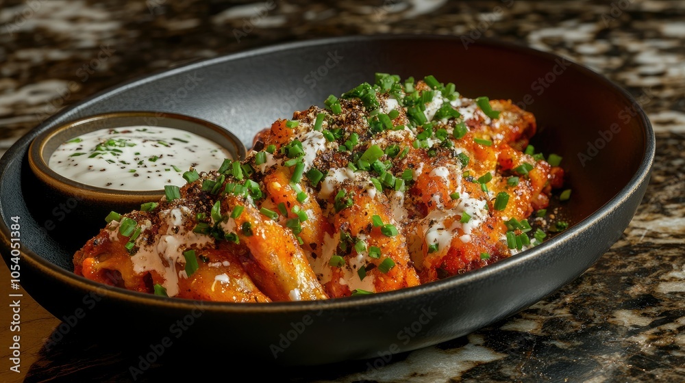 Close-up of crispy baked wings covered in a tangy buffalo sauce, served with a side of ranch and sprinkled with fresh chives Close-up of crispy baked wings covered in a tangy buffalo sauce, served with a side of ranch and sprinkled with fresh chives