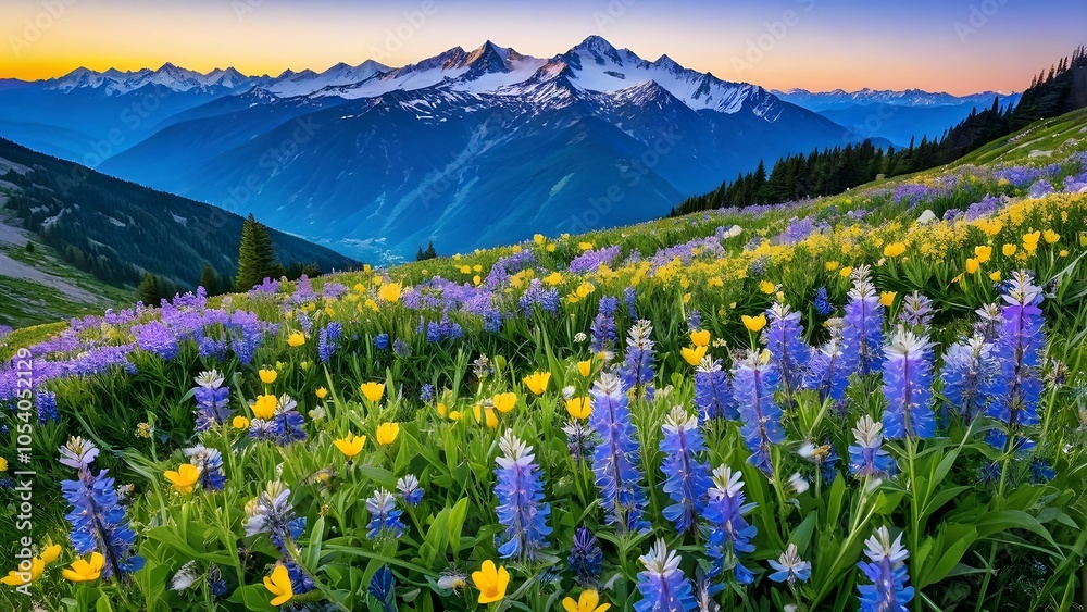 Fototapeta premium A vibrant tapestry of wildflowers blankets the mountainside, creating a breathtaking display of color against the backdrop of snow-capped peaks