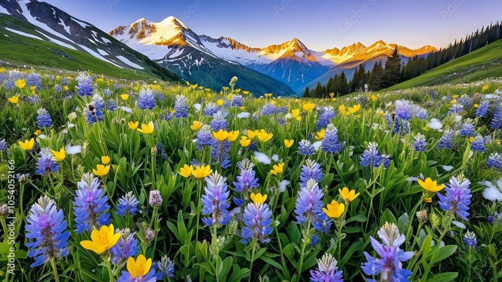 Fototapeta premium A vibrant tapestry of wildflowers blankets the mountainside, creating a breathtaking display of color against the backdrop of snow-capped peaks