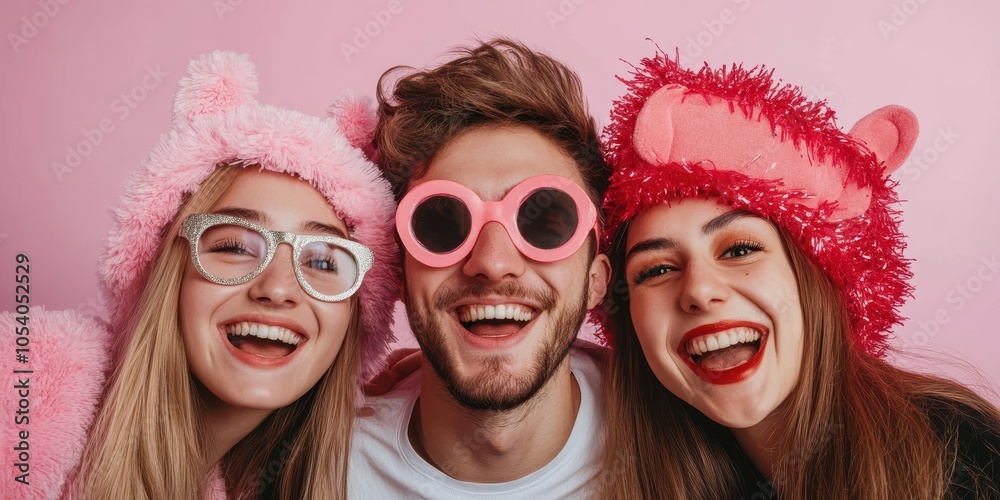 Obraz premium Group of friends smiling in fun, colorful outfits against a pink background.