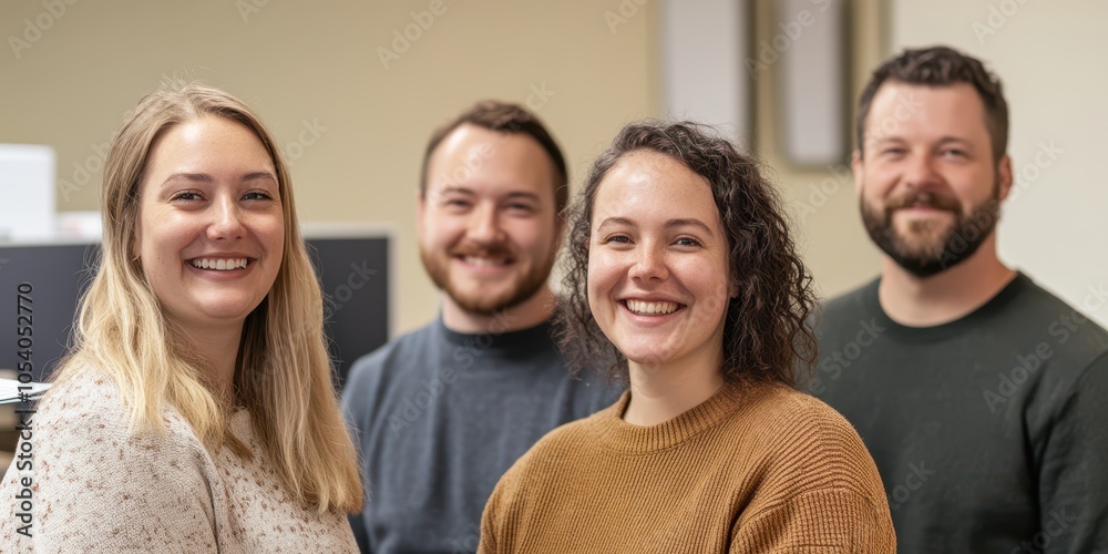 Group of smiling colleagues standing together in an office setting. Group of smiling colleagues standing together in an office setting.