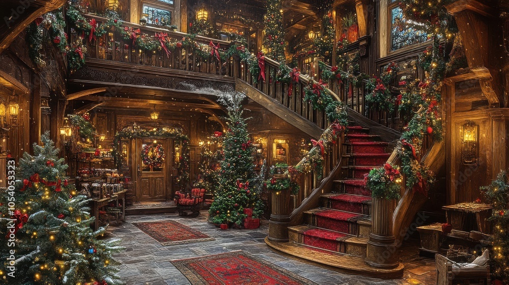 Fototapeta premium Cozy Christmas-decorated wooden interior with festive lights