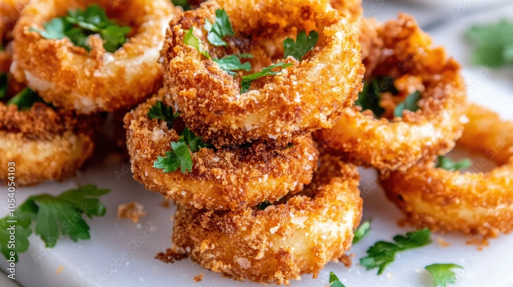 Close-up view of several onion rings stacked on a white background, emphasizing the crunchy, golden breading of each ring Close-up view of several onion rings stacked on a white background, emphasizing the crunchy, golden breading of each ring