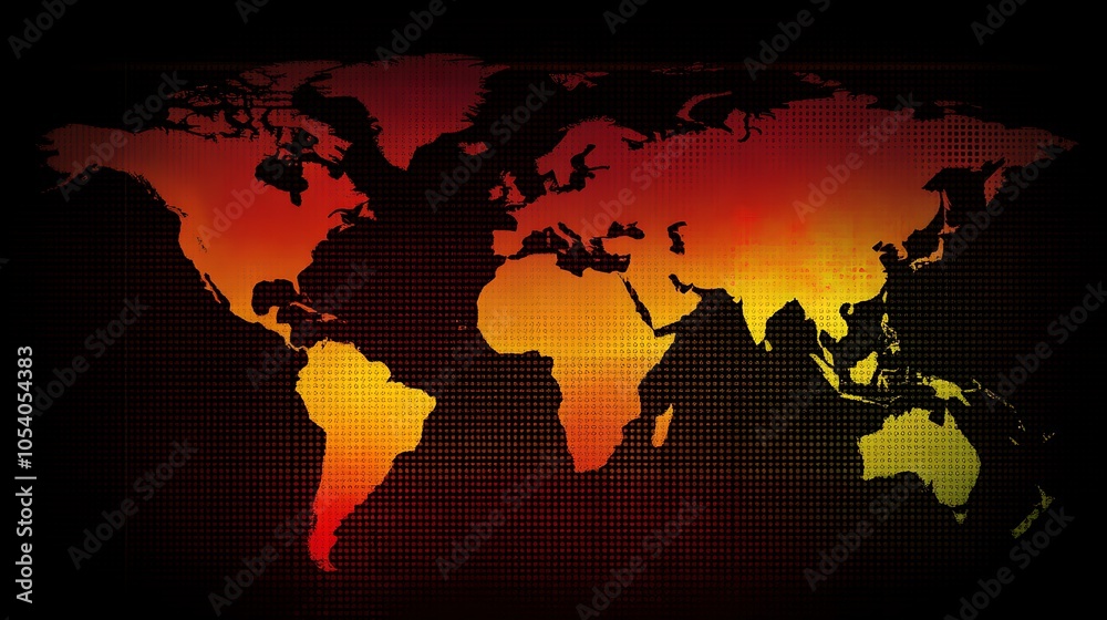 Obraz premium World map with red and orange gradient, glowing with heat.