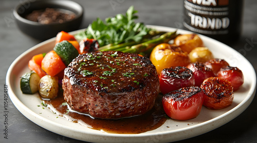 A Photorealistic Presentation of Gourmet Salisbury Steak with Gravy and Seasonal Vegetables, Exquisite Photography on a White Plate photo