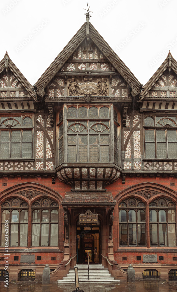 The facade of Royal Museum and Free Library (founded 1858) in Canterbury. Kent, UK. Space for text, Selective focus.