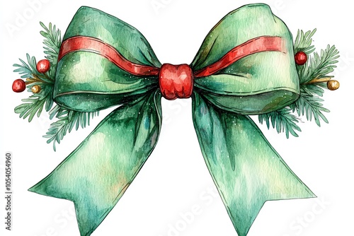 A beautiful watercolor illustration of a festive Christmas bow adorned with holly, perfect for holiday decorations and cards. photo