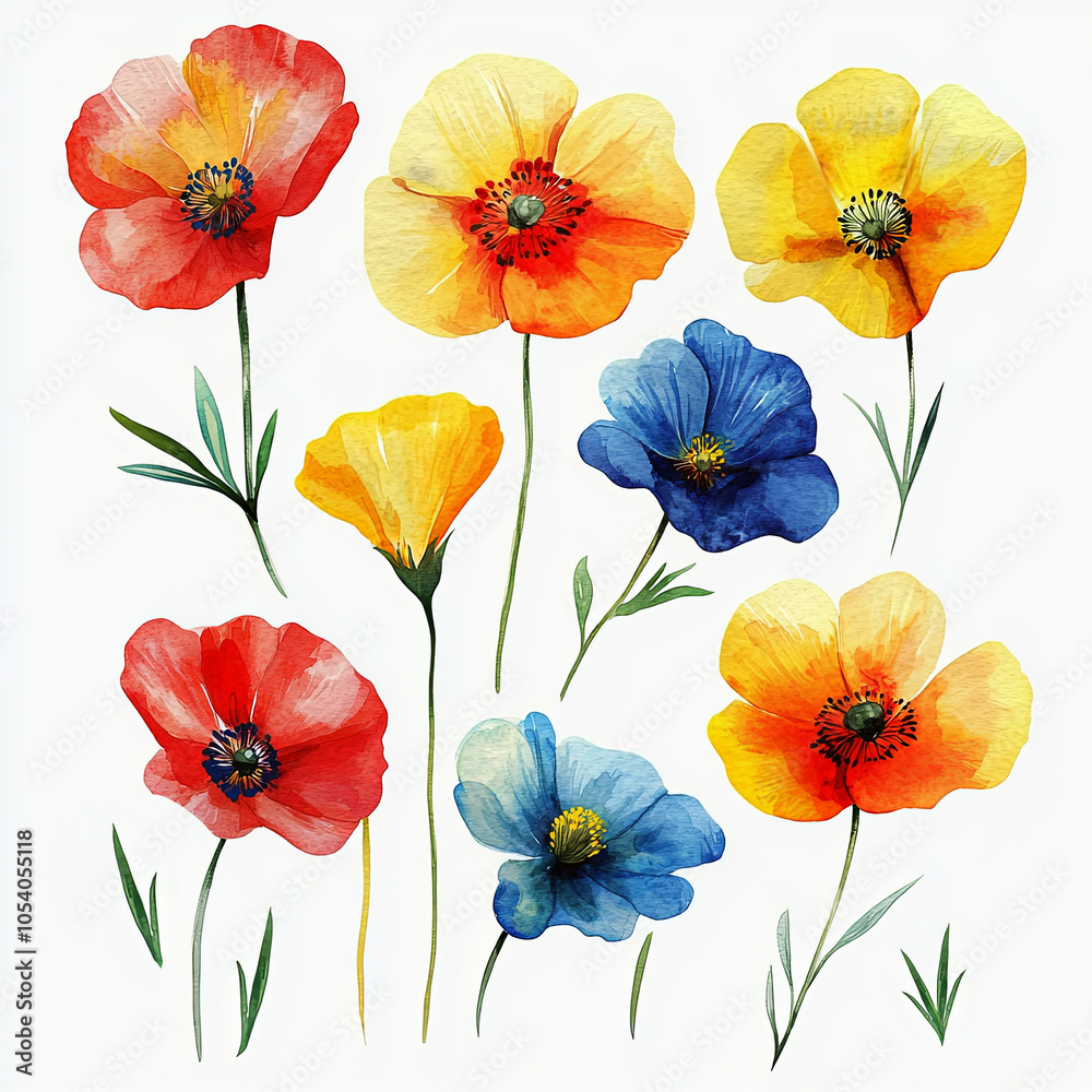 Fototapeta premium Watercolor Botanical Illustration of Colorful Flowers