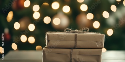 Wrapped presents in front of a glowing Christmas tree. photo