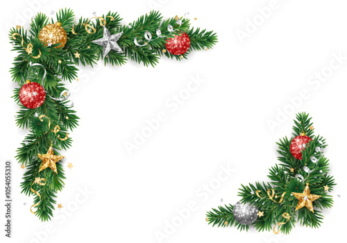 Christmas tree decoration. Holiday fir tree garland, festive corner. Winter season frame, realistic spruce branch with red and gold Christmas glitter ornaments. Transparent background in vector file.