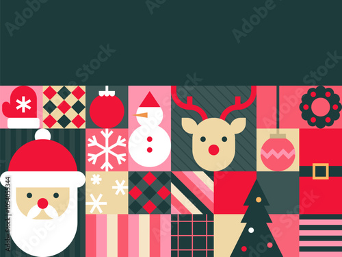 Festive Geometric Christmas Pattern with Dark Green Background