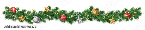 Christmas tree garland. Realistic pine-tree branches with red and gold Christmas glitter ornaments. Decoration for holiday banners, party posters, greeting cards, packaging, social media, merchandise.