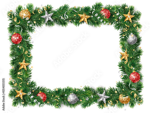 Christmas square wreath with red and gold glitter ornaments. Christmas tree decoration. Holiday fir tree garland. Festive winter season frame, spruce branches. Transparent background in vector file.
