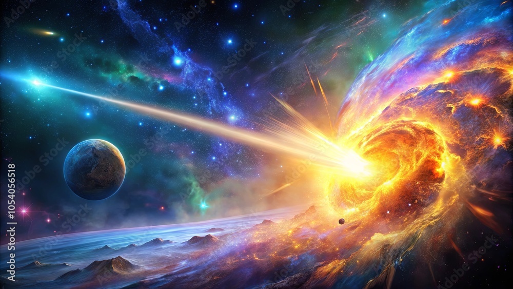 Obraz premium Cosmic Firestorm A celestial collision ignites the heavens with a fiery explosion, leaving behind swirling nebulae and a trail of radiant dust.