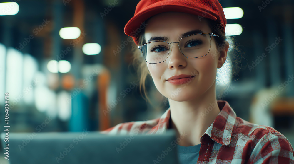 Portrait young smiling female worker working on laptop and looking camera Portrait young smiling female worker working on laptop and looking camera