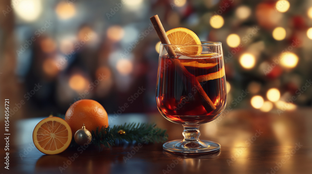 Fototapeta premium Glass of Mulled Wine with Orange Slice and Cinnamon Stick on a Festive Table, Blurred Holiday Crowd in Background for Cozy Winter Market Scene