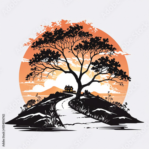 Abstract landscape of a jungle set in the night the near foreground to the left is a tree, a little further away flows a river, and in the background lies a sky and the silhouette of a forest.