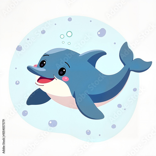 Cheerful Cartoon Dolphin Swimming Playfully in Bubbly Blue Water